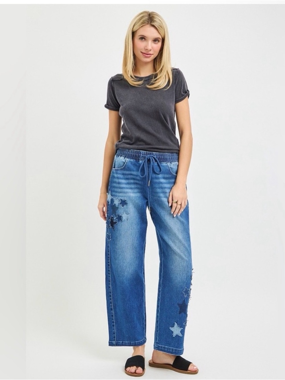 Risen Blue Star-Detail Wide Leg Jeans for Women